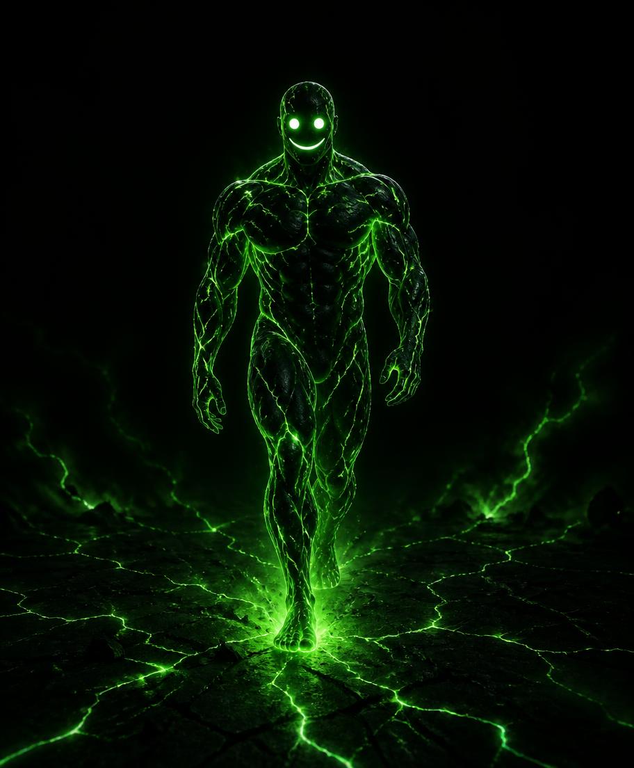 A glowing green humanoid figure walking forward, cracked ground lighting up beneath its feet