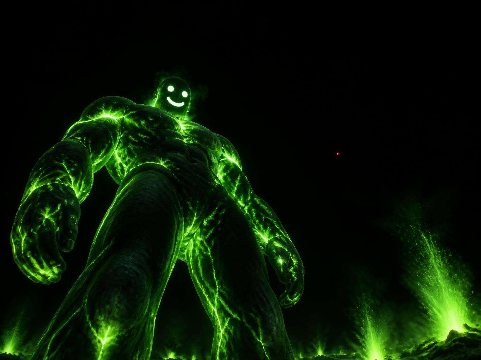 A faint glowing green figure barely visible in total darkness
