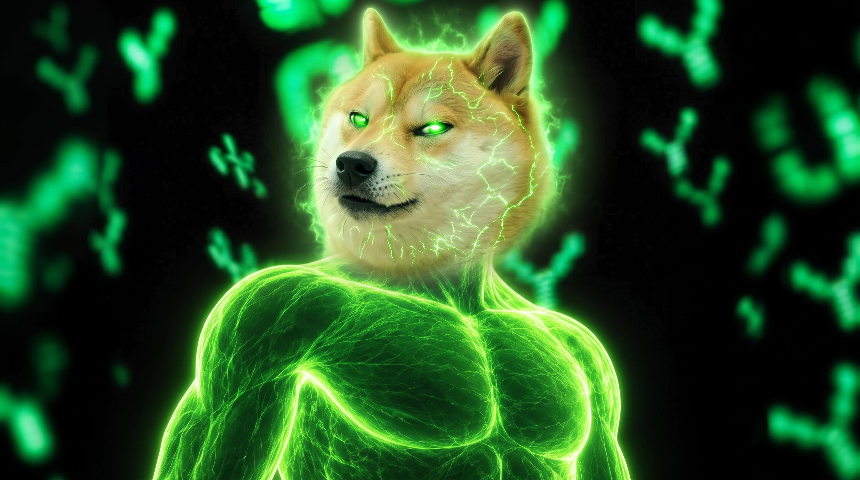 A Shiba Inu dog with glowing green eyes and a glowing green muscular body