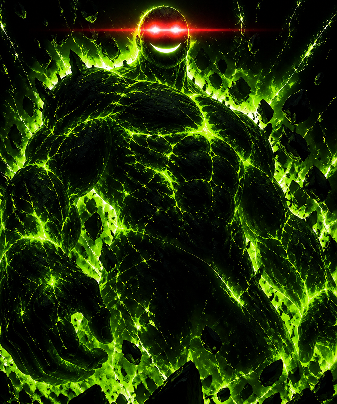 A massive glowing green muscular figure with red laser eyes, surrounded by cracked stone and debris