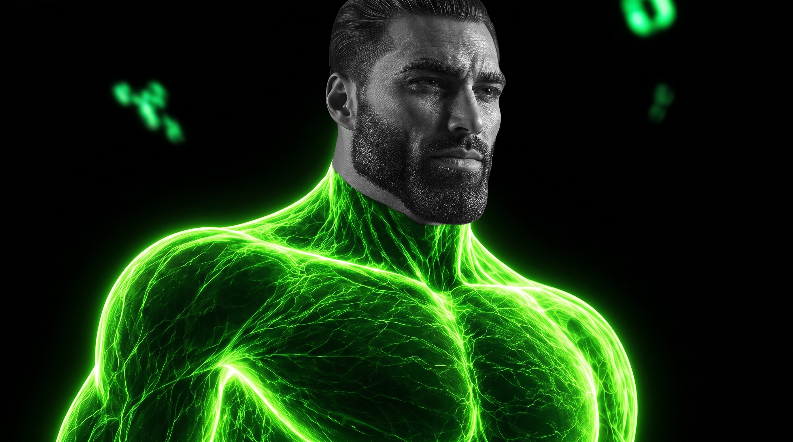 A stern man's face fading into a glowing green muscular body